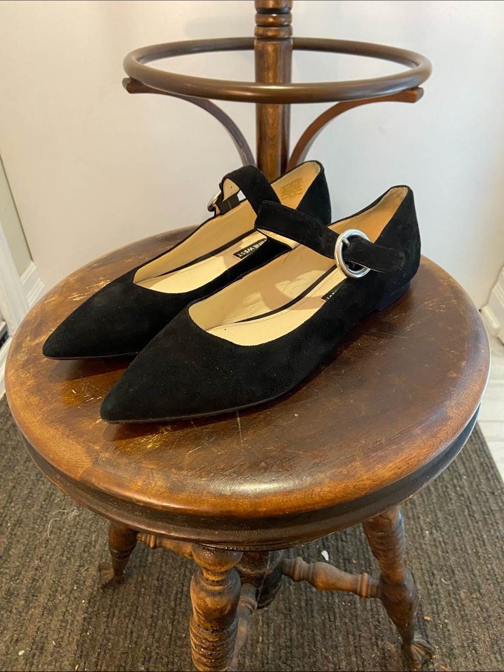 Nine West Black Pointed Mary Jane Flats with Silver Ring Buckle